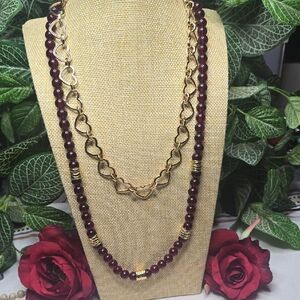 Gold Tone & Red Beaded 2 Necklace Set